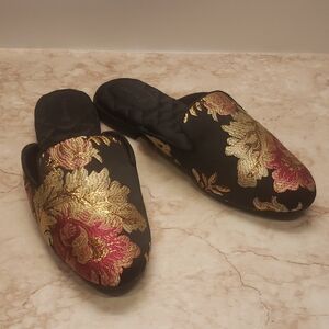 Birdies Phoebe Jacquard Black and Gold Floral Mules Size 8
